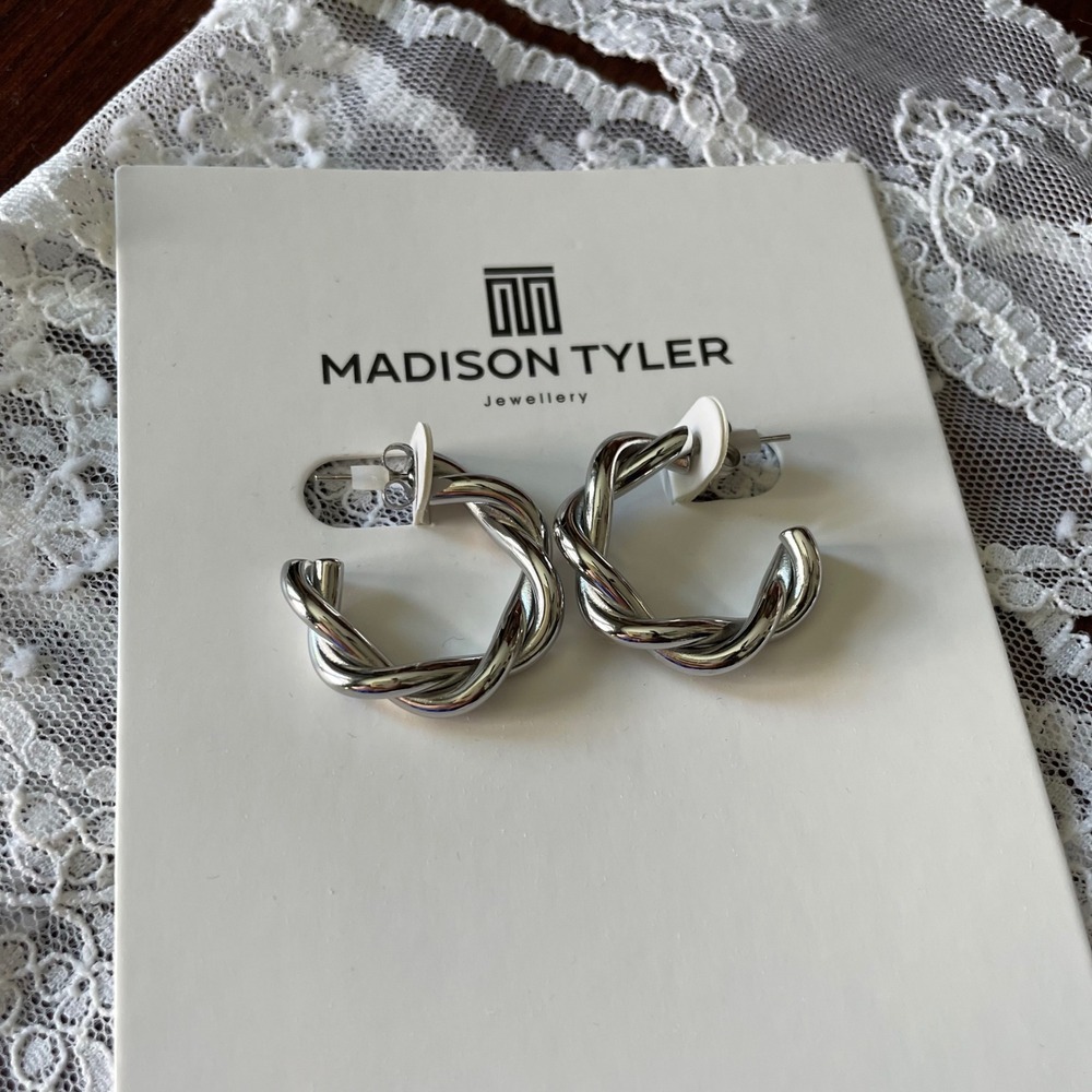Madison Tyler silver Twist C Hoop Earrings Chunky Braided Open Hoops New Pouch